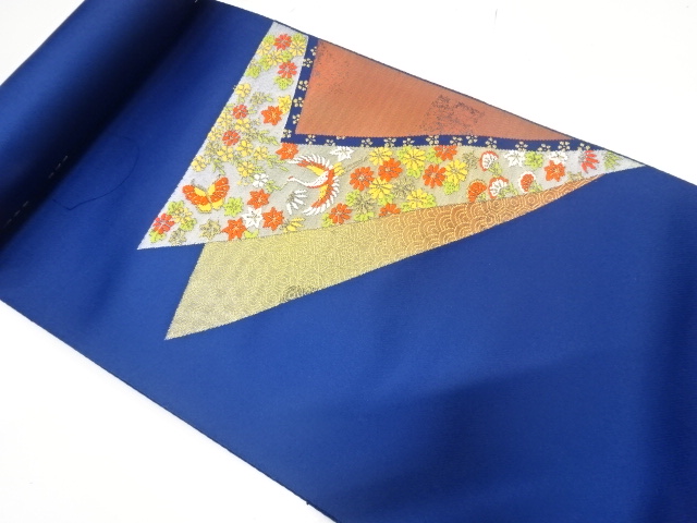 アンティーク　いづくら製　鶴に草花・古典柄織り出し　名古屋帯地反物